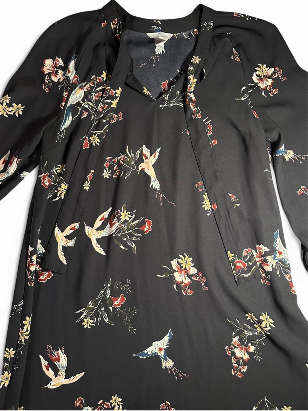 H&M Black Floral & Bird Tie-Neck Midi Dress